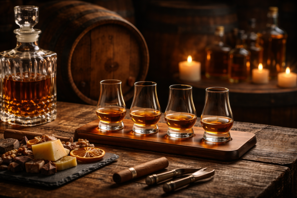 Whiskey flight, decanter and barrel in warm candlelight